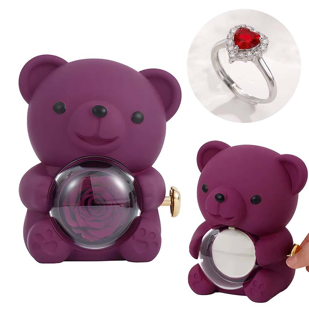 Adjustable Love Ring Couple Ring with Rose Bear Giftbox for Her