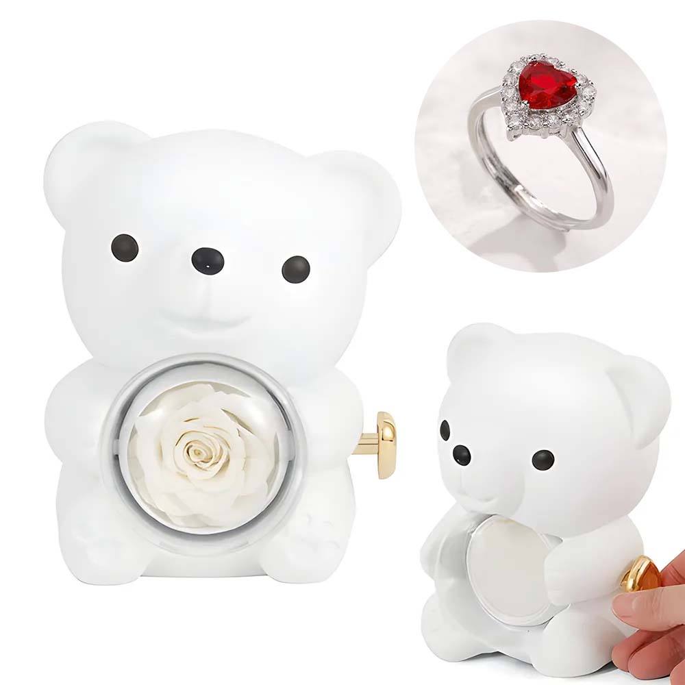Adjustable Love Ring Couple Ring with Rose Bear Giftbox for Her