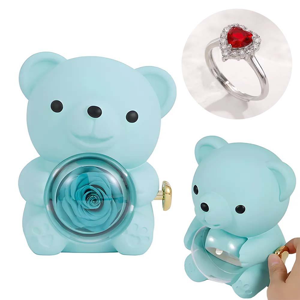 Adjustable Love Ring Couple Ring with Rose Bear Giftbox for Her