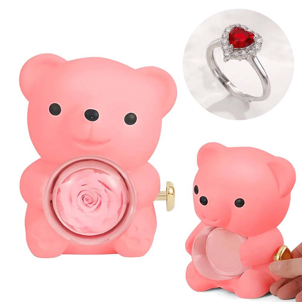 Adjustable Love Ring Couple Ring with Rose Bear Giftbox for Her