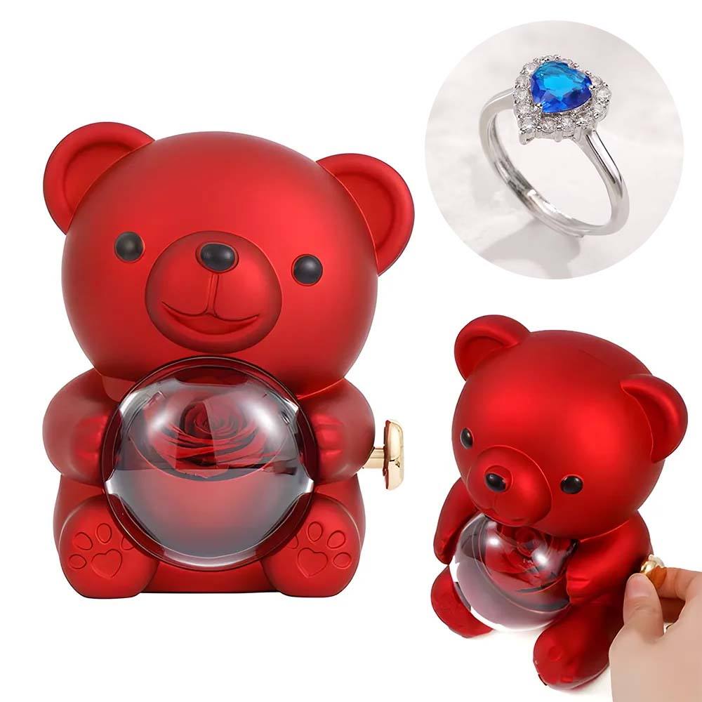 Adjustable Love Ring Couple Ring with Rose Bear Giftbox for Her