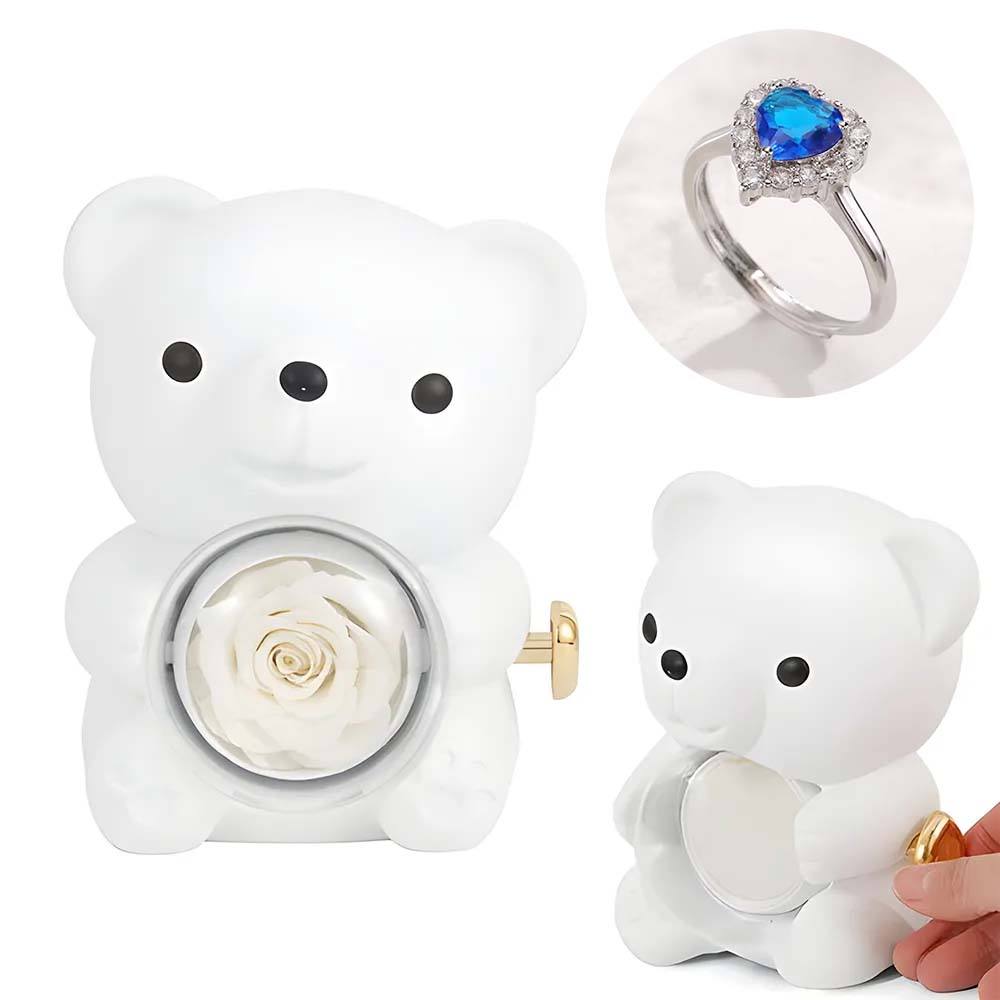 Adjustable Love Ring Couple Ring with Rose Bear Giftbox for Her