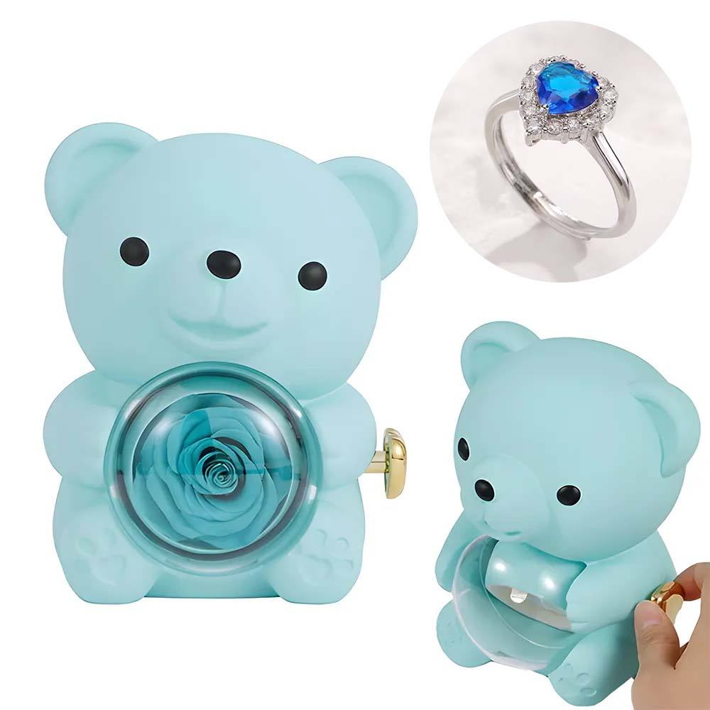 Adjustable Love Ring Couple Ring with Rose Bear Giftbox for Her