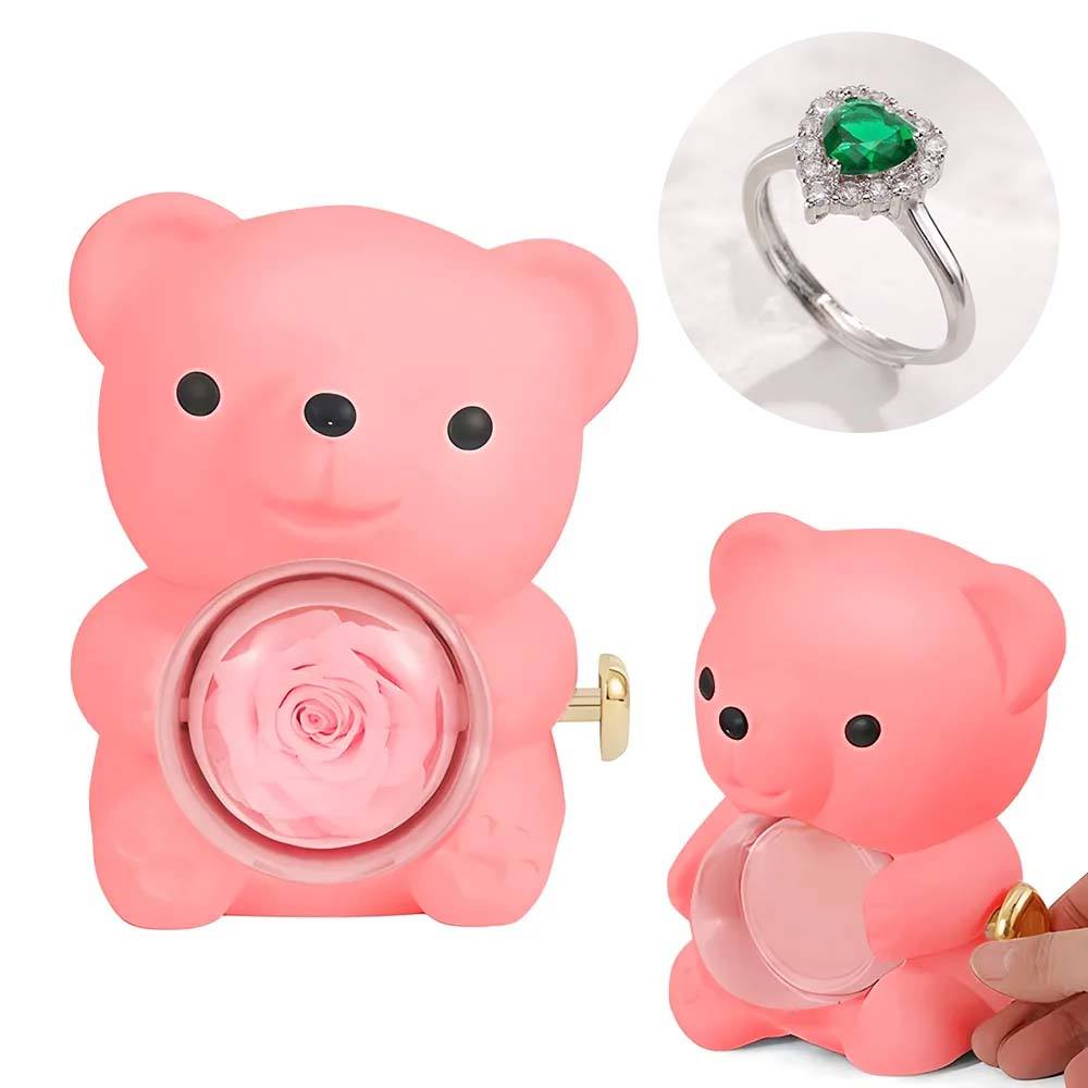 Adjustable Love Ring Couple Ring with Rose Bear Giftbox for Her