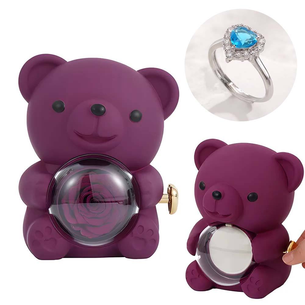 Adjustable Love Ring Couple Ring with Rose Bear Giftbox for Her