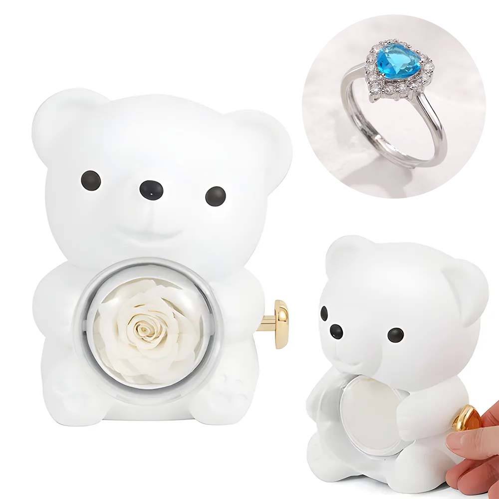 Adjustable Love Ring Couple Ring with Rose Bear Giftbox for Her