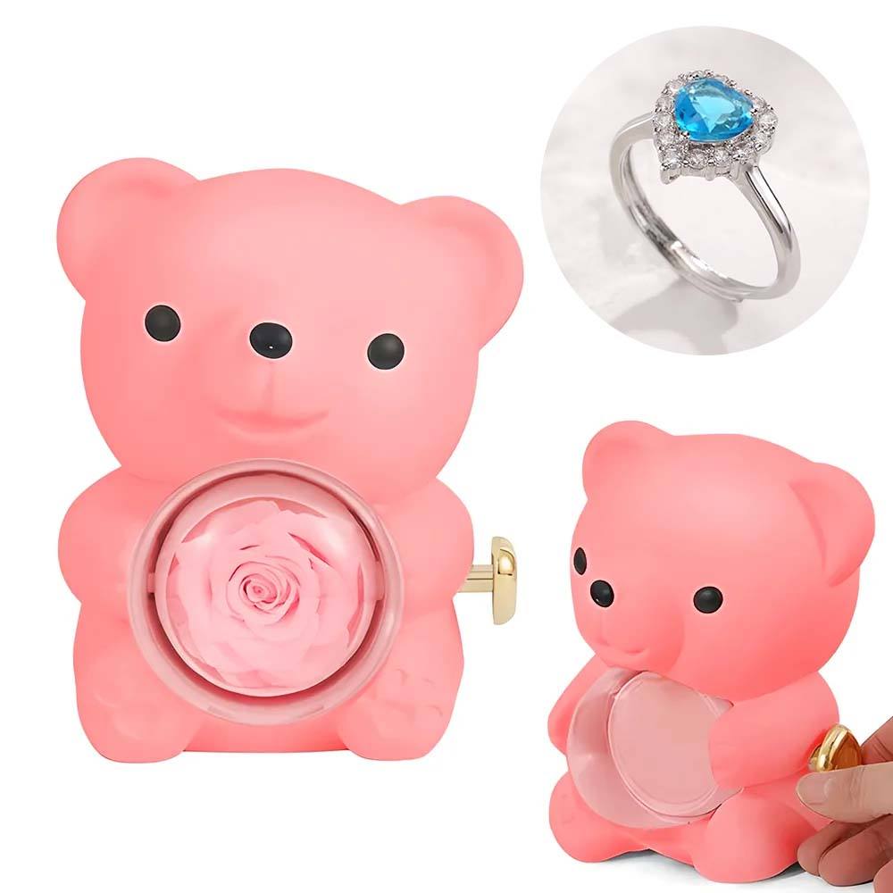 Adjustable Love Ring Couple Ring with Rose Bear Giftbox for Her