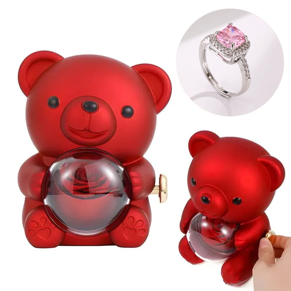 Adjustable Love Ring Couple Ring with Rose Bear Giftbox for Her