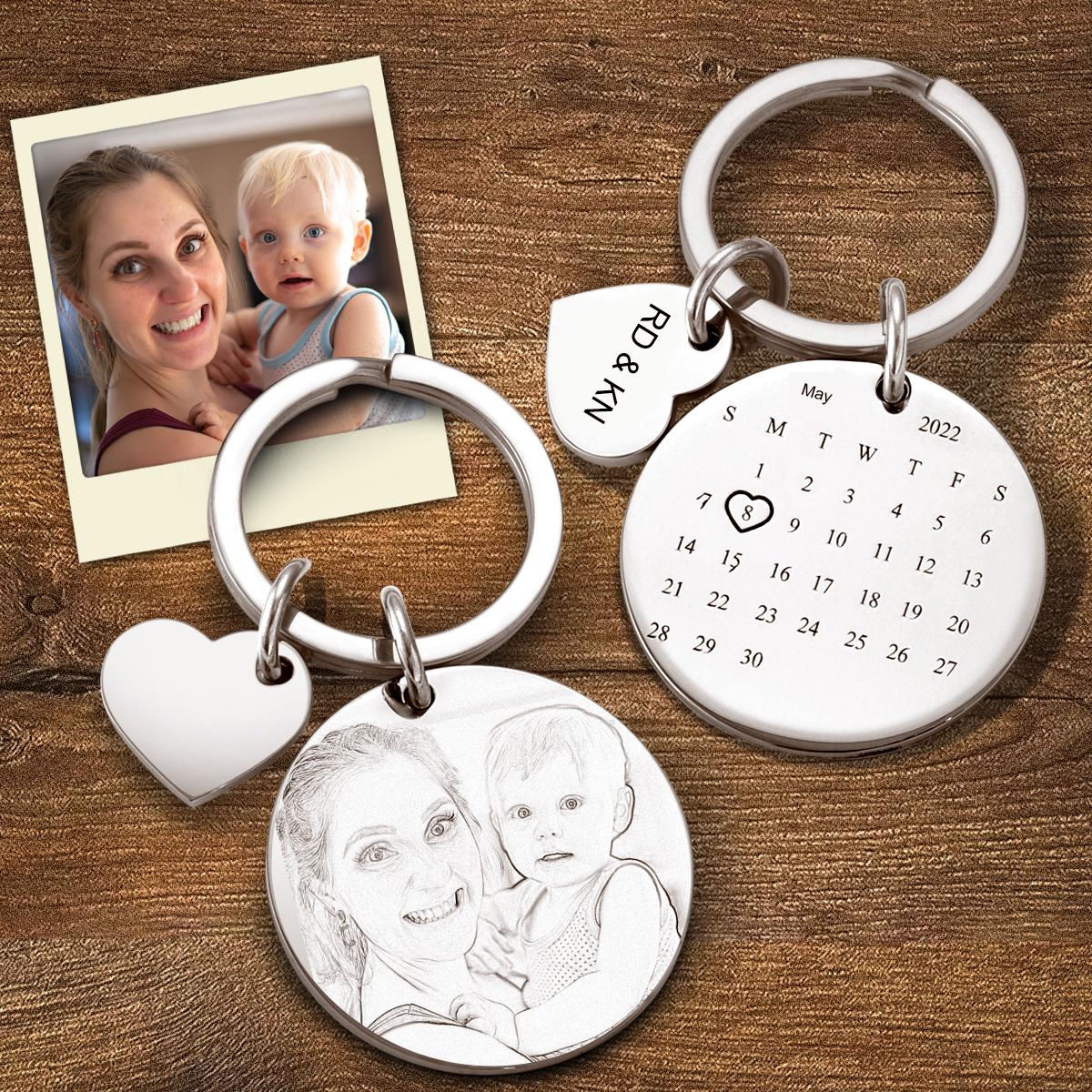 Custom Photo Engraved Keychain Date Save Keychain Significant Date Marker Custom Anniversary Gift For Mom
