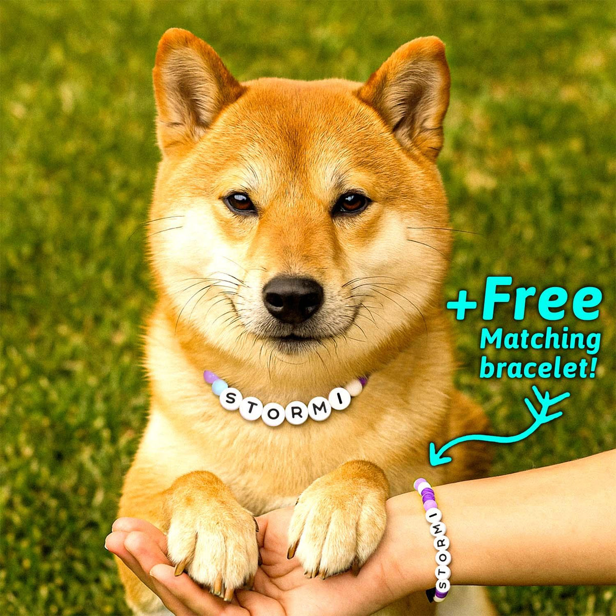 Personalized Name Beaded Pet Collar with Free Matching Bracelet Gift for Pets