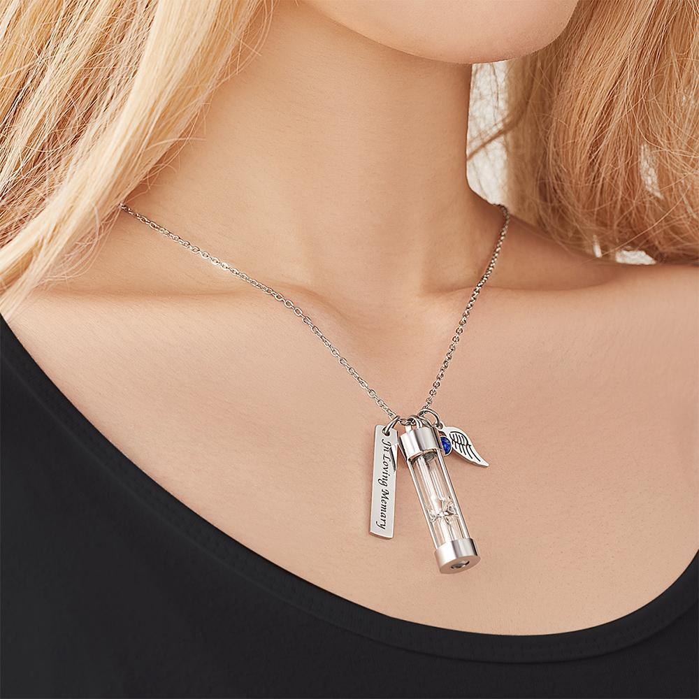 Custom Engraved Angel Wings Hourglass Ashes Necklace with Birthstone Memorial Gifts for Someone