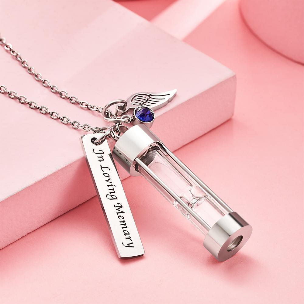 Custom Engraved Angel Wings Hourglass Ashes Necklace with Birthstone Memorial Gifts for Someone