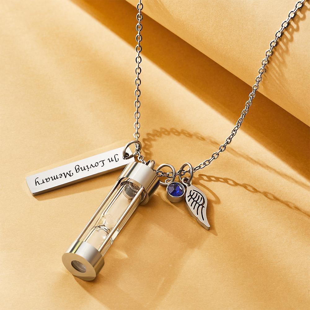 Custom Engraved Angel Wings Hourglass Ashes Necklace with Birthstone Memorial Gifts for Someone