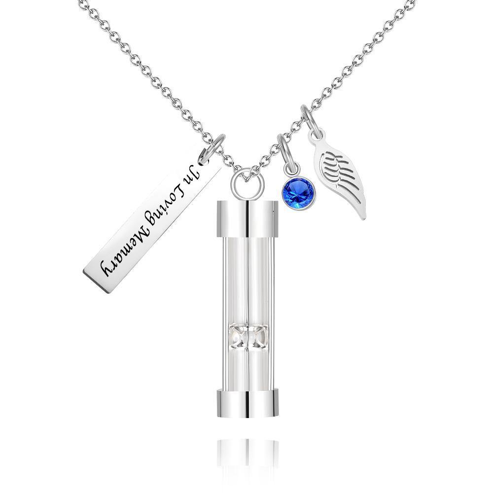 Custom Engraved Angel Wings Hourglass Ashes Necklace with Birthstone Memorial Gifts for Someone