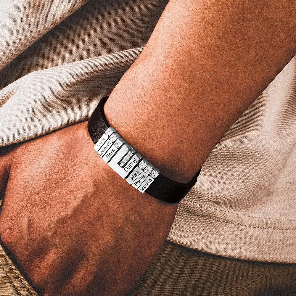 Men's Personalized Leather Bracelet With Adjustable Diamond Beads, Perfect Gift For Father's Day 14k Gold Plated Stainless Steel