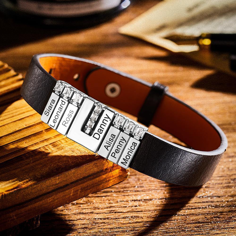 Men's Personalized Leather Bracelet With Adjustable Diamond Beads, Perfect Gift For Father's Day 14k Gold Plated Stainless Steel
