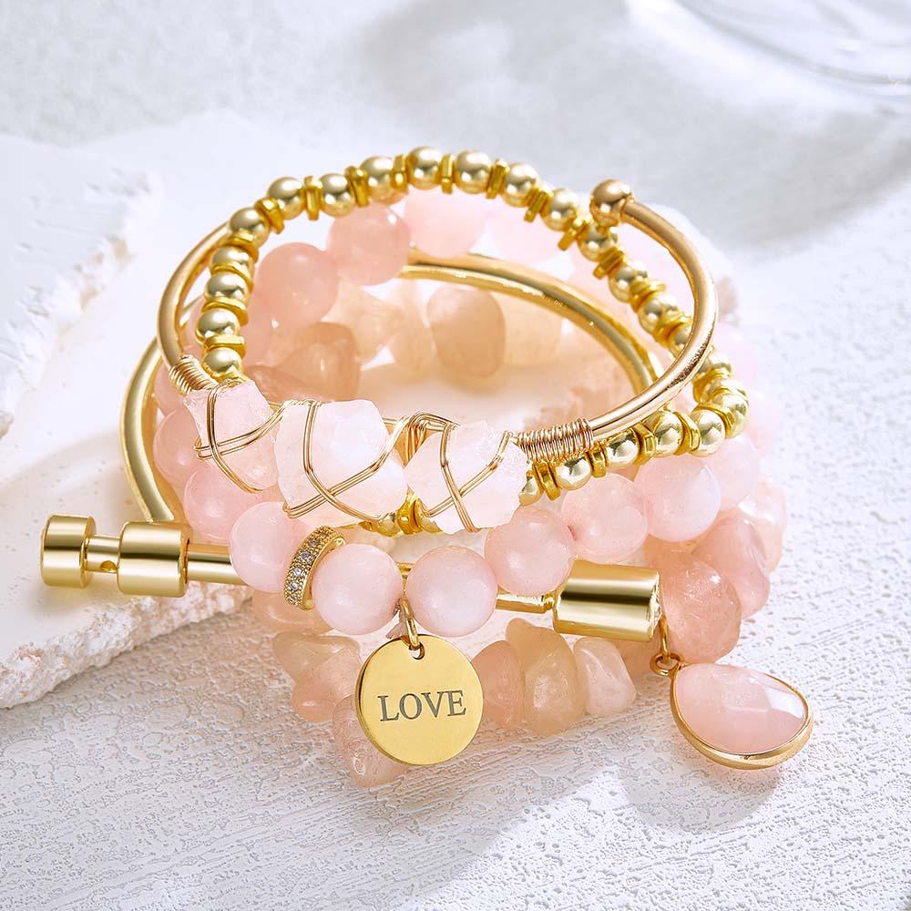 Custom Birthstone Engraved Bracelet Crystal Pink Bohemia Style Gift
