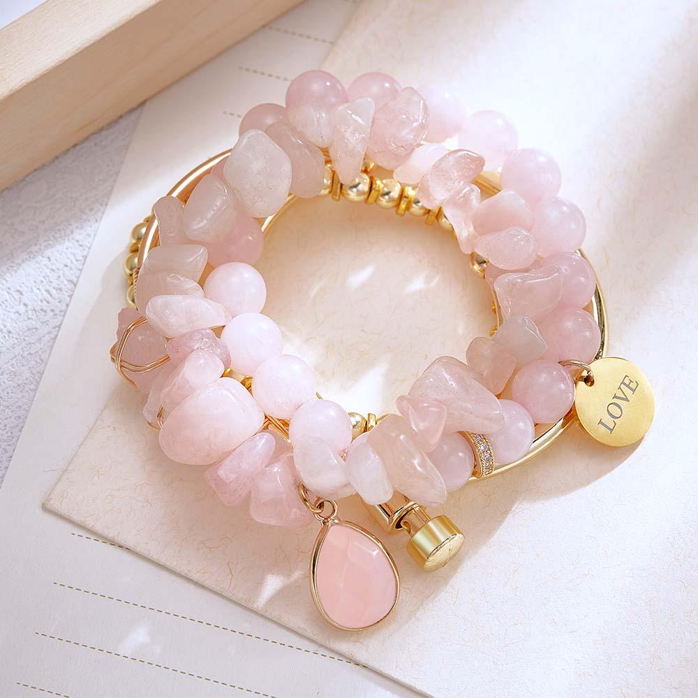 Custom Birthstone Engraved Bracelet Crystal Pink Bohemia Style Gift