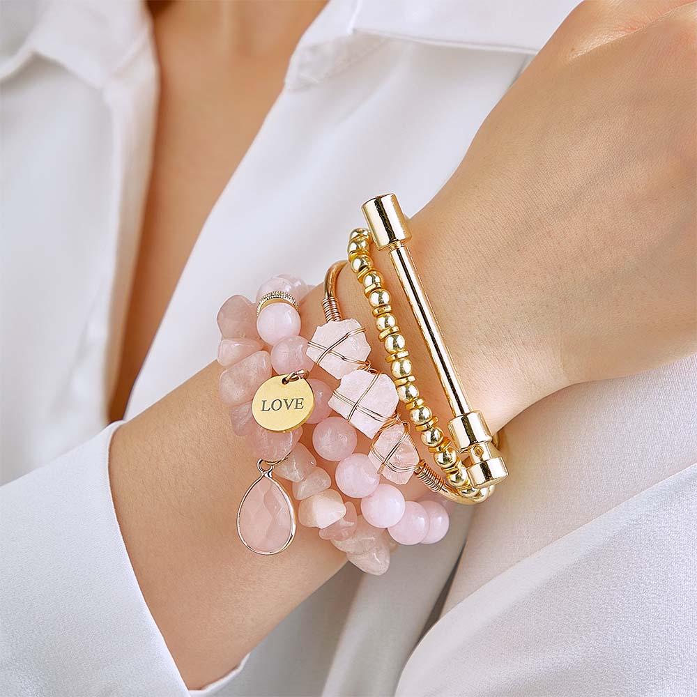 Custom Birthstone Engraved Bracelet Crystal Pink Bohemia Style Gift