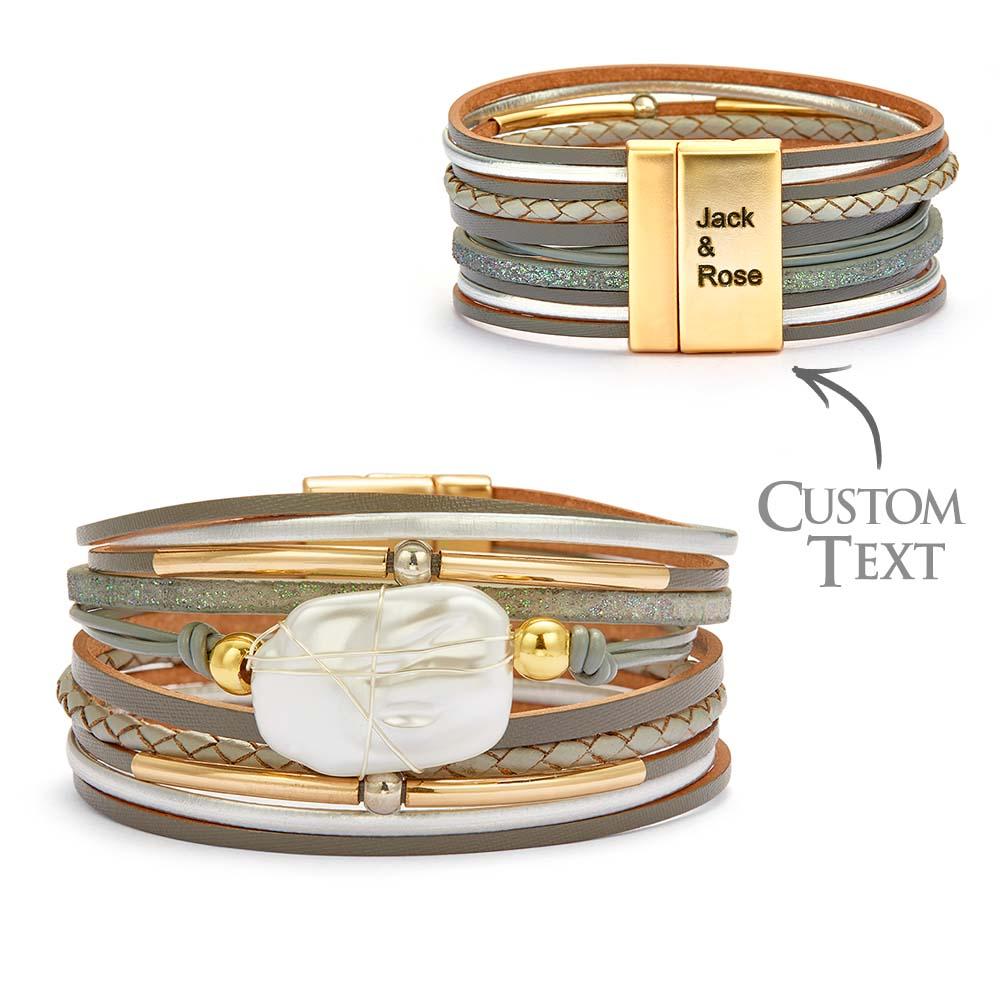 Custom Name Leather Cuff Bracelet Baroque Wrap Bohemian Gift