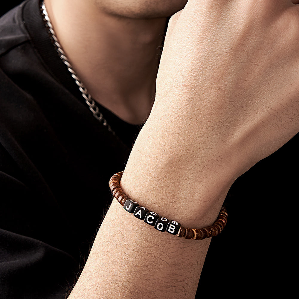 Personalized Wooden Beaded Bracelet with Name Retro Bracelet Gifts For Him
