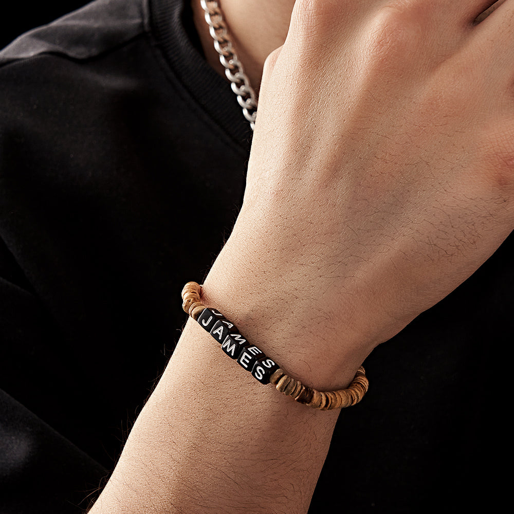 Personalized Wooden Beaded Bracelet with Name Retro Bracelet Gifts For Him
