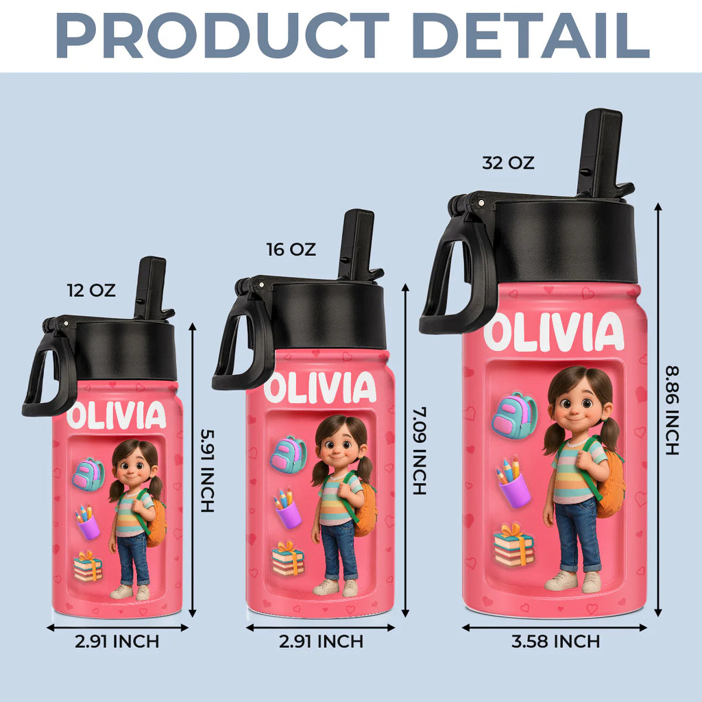 Custom Photo 3D Inflated Effect Printed Kids Water Bottle - Personalized Back To School Gifts For Kids - Fuel Your Bright Young Mind