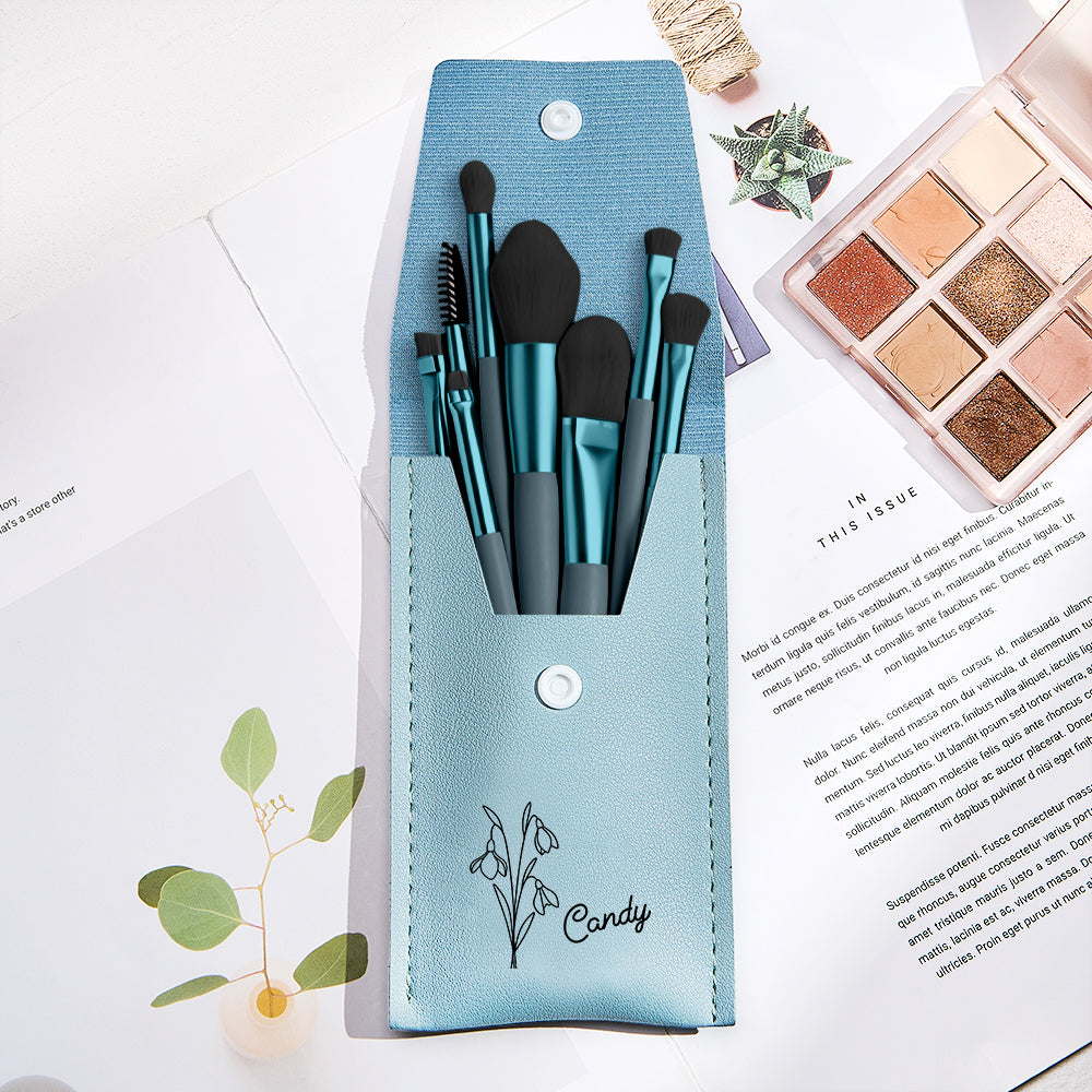 Personalized Birth Flower Leather Makeup Brush Bag with 8 Pcs Makeup Brushes Birthday Gift for Her