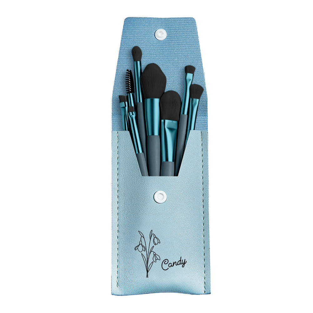 Personalized Birth Flower Leather Makeup Brush Bag with 8 Pcs Makeup Brushes Birthday Gift for Her