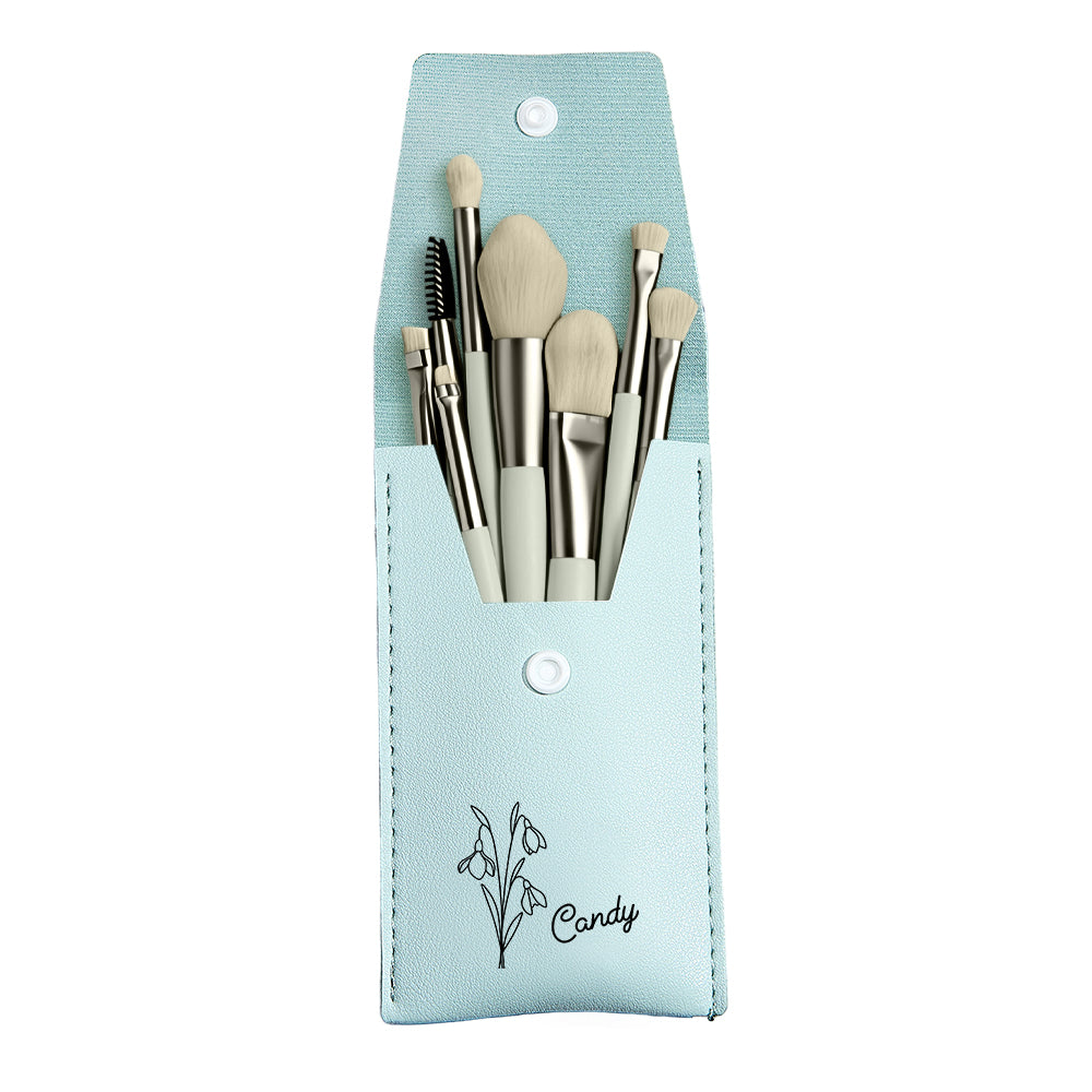Personalized Birth Flower Leather Makeup Brush Bag with 8 Pcs Makeup Brushes Birthday Gift for Her