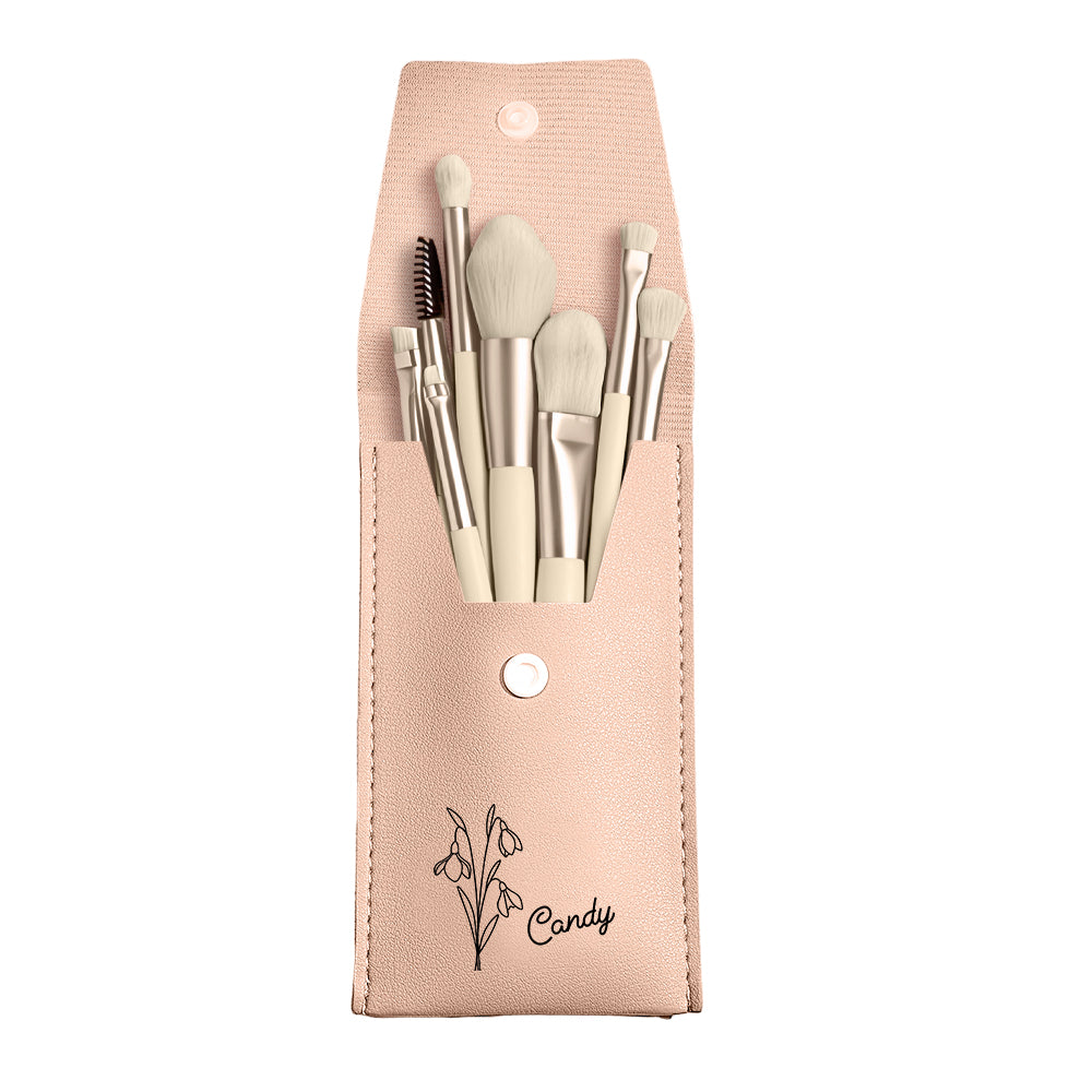 Personalized Birth Flower Leather Makeup Brush Bag with 8 Pcs Makeup Brushes Birthday Gift for Her