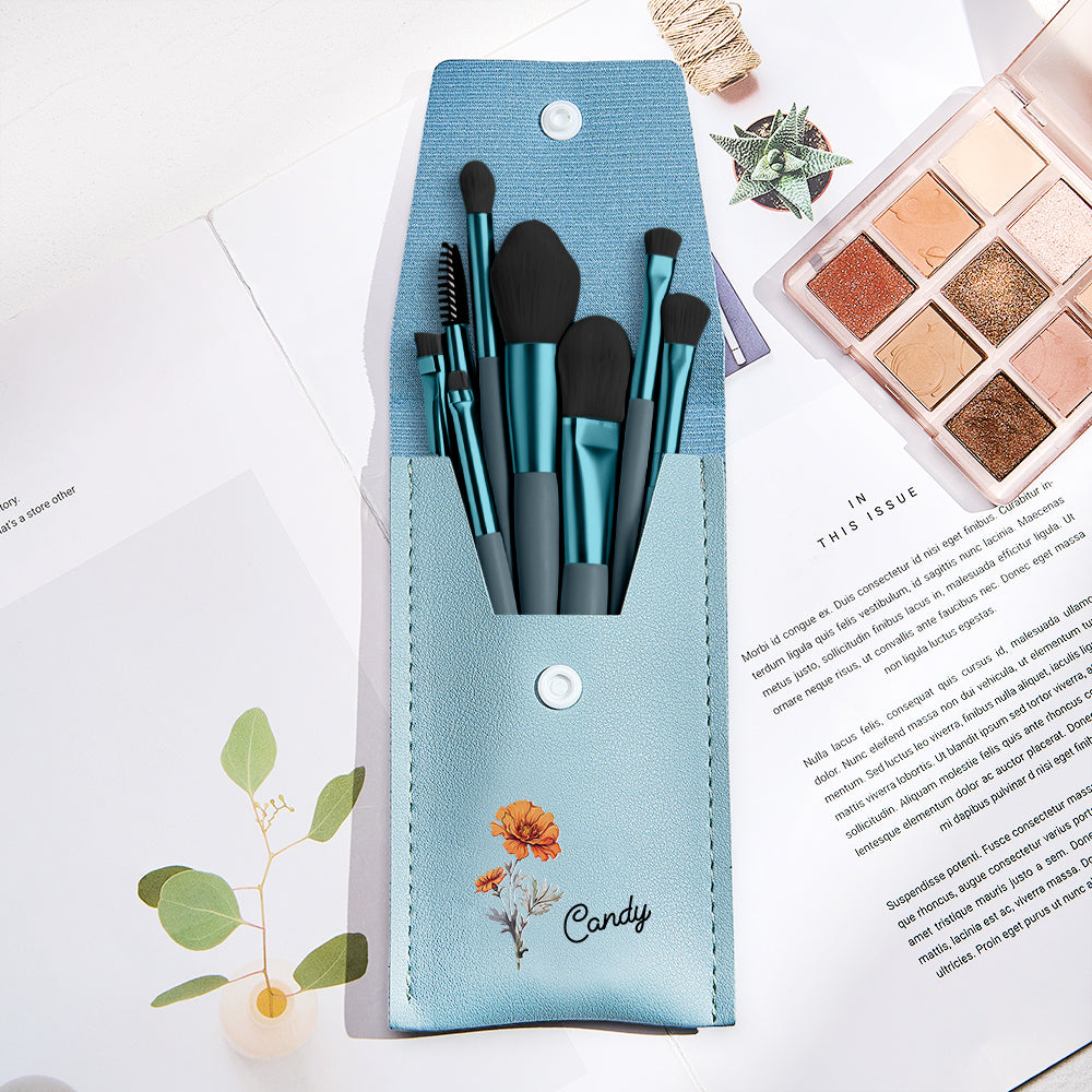 Personalized Birth Flower Leather Makeup Brush Bag with 8 Pcs Makeup Brushes Birthday Wedding Gift