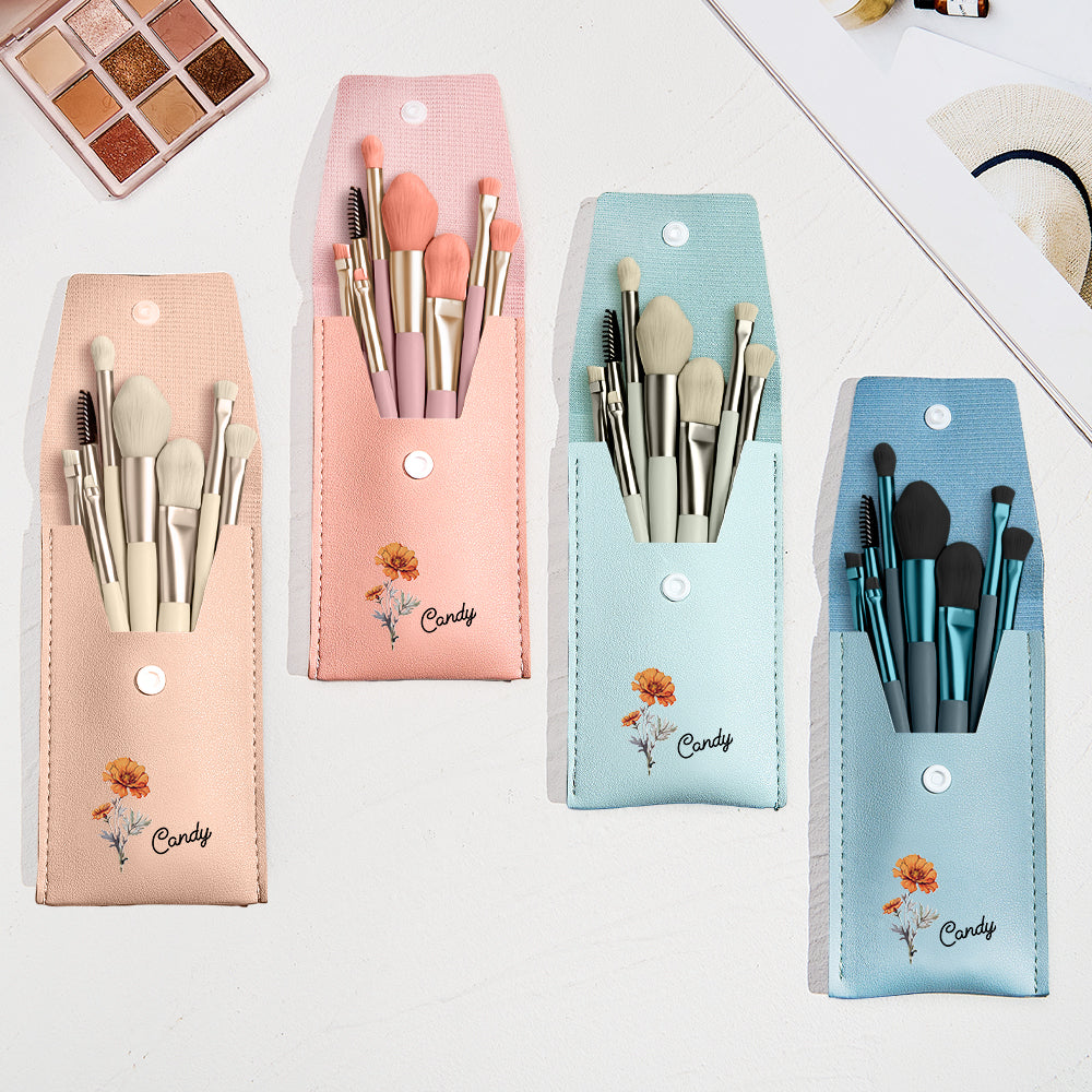Personalized Birth Flower Leather Makeup Brush Bag with 8 Pcs Makeup Brushes Birthday Wedding Gift