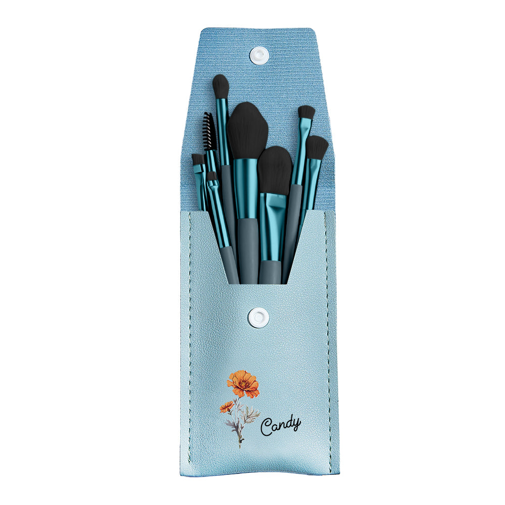 Personalized Birth Flower Leather Makeup Brush Bag with 8 Pcs Makeup Brushes Birthday Wedding Gift