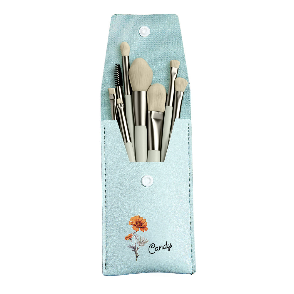 Personalized Birth Flower Leather Makeup Brush Bag with 8 Pcs Makeup Brushes Birthday Wedding Gift