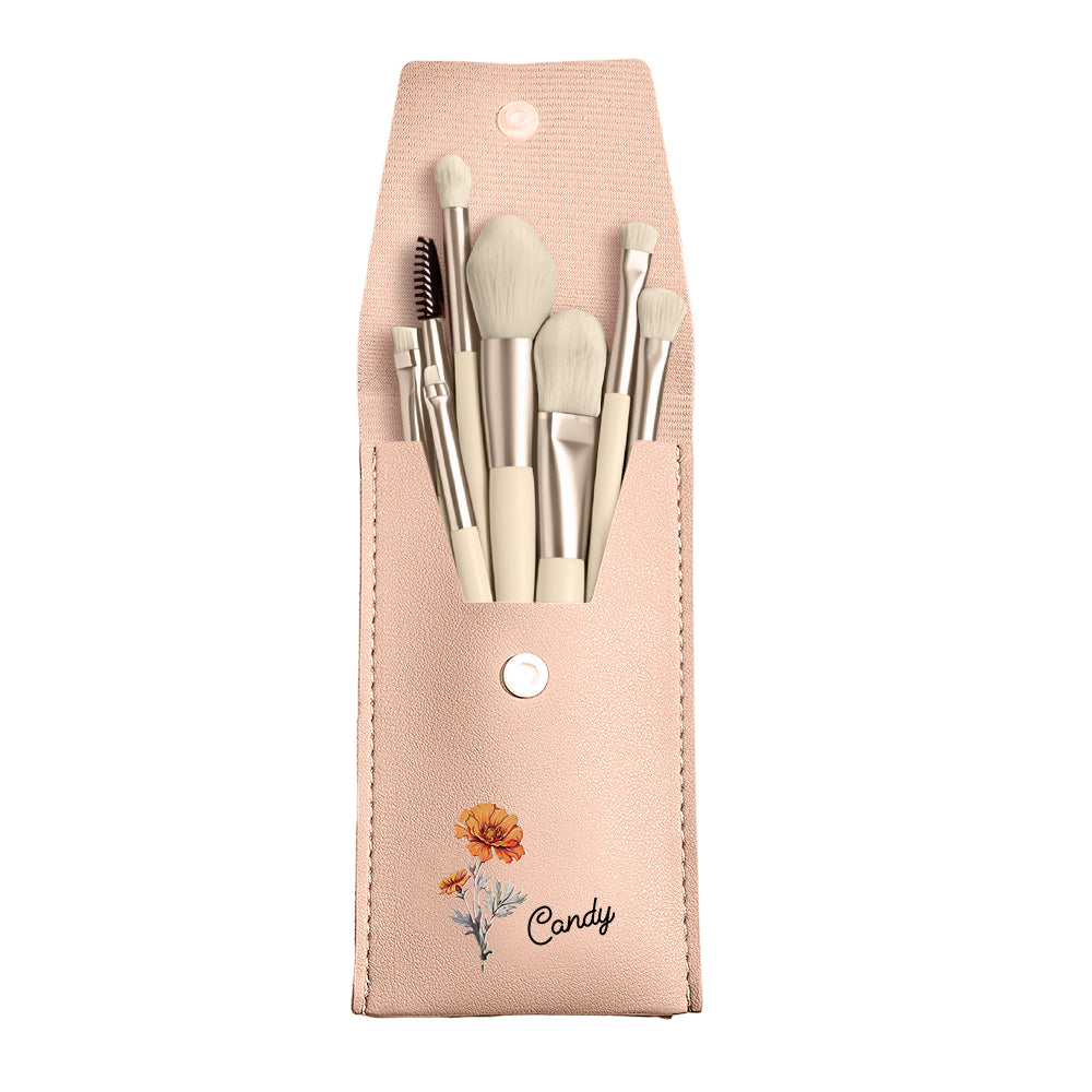 Personalized Birth Flower Leather Makeup Brush Bag with 8 Pcs Makeup Brushes Birthday Wedding Gift