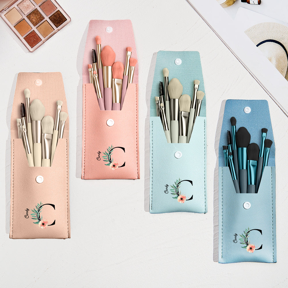 Personalized Flower Leather Makeup Brush Bag with 8 Pcs Makeup Brushes Gift for Her