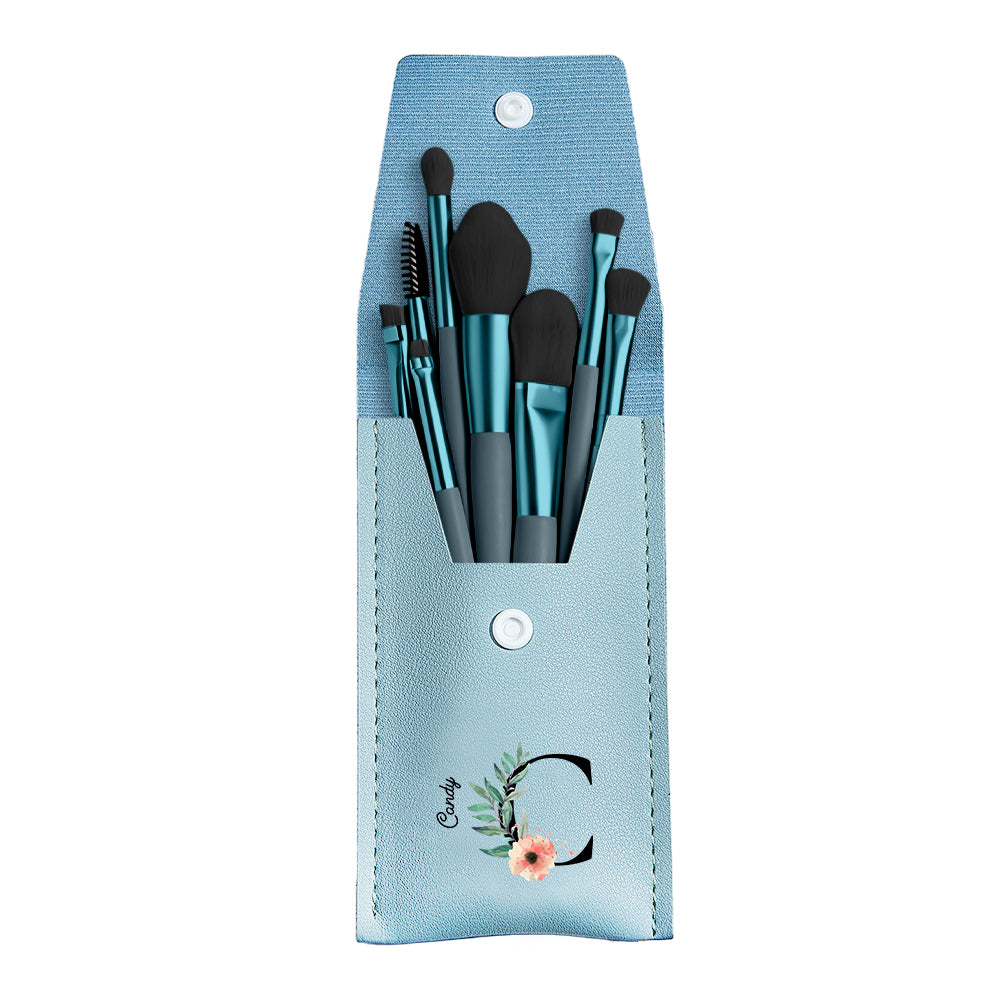 Personalized Flower Leather Makeup Brush Bag with 8 Pcs Makeup Brushes Gift for Her