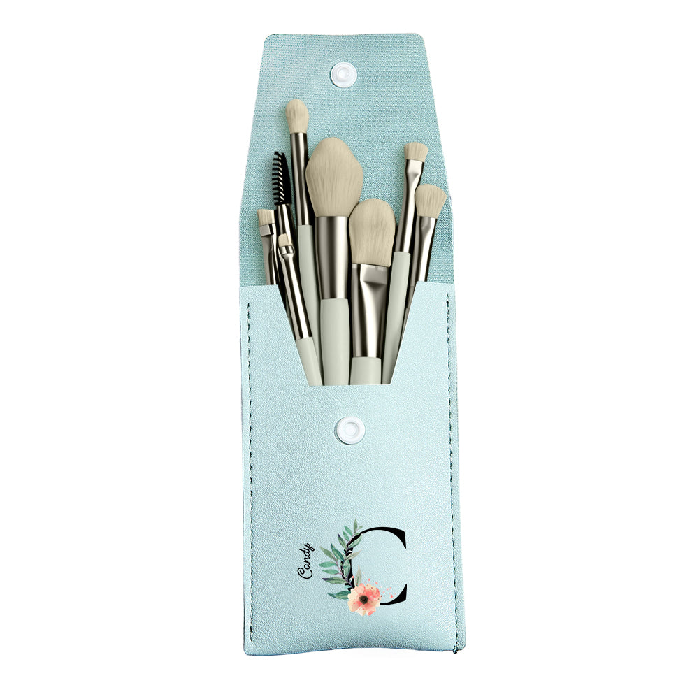 Personalized Flower Leather Makeup Brush Bag with 8 Pcs Makeup Brushes Gift for Her