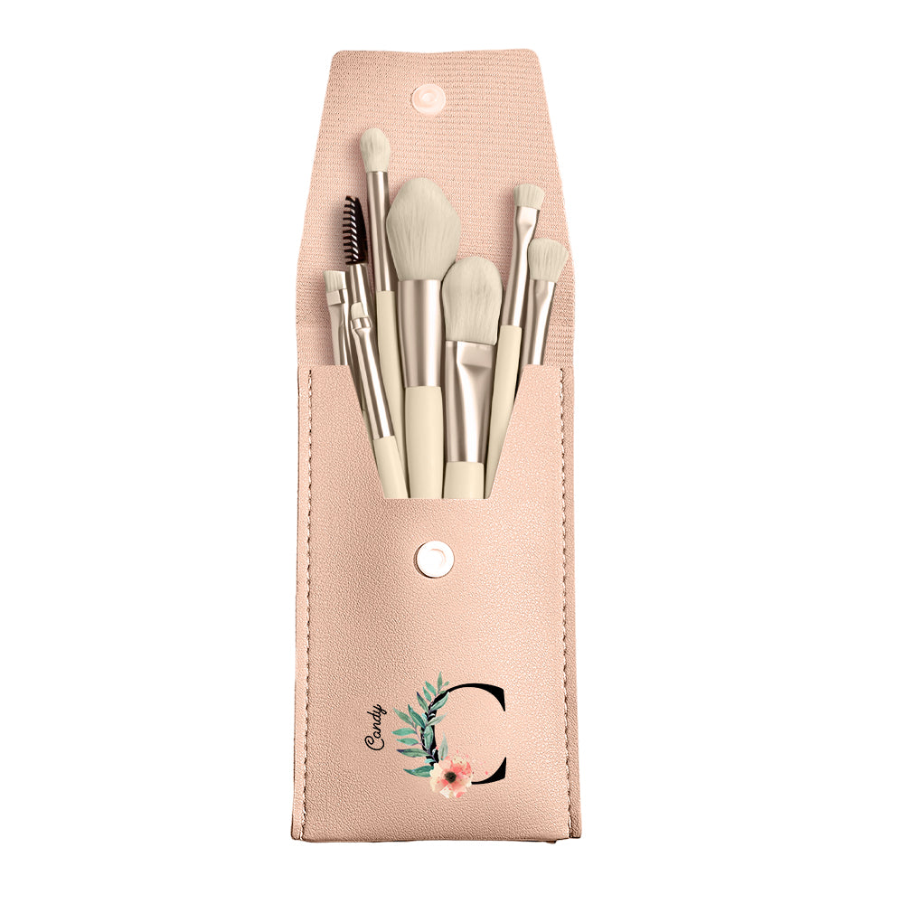 Personalized Flower Leather Makeup Brush Bag with 8 Pcs Makeup Brushes Gift for Her
