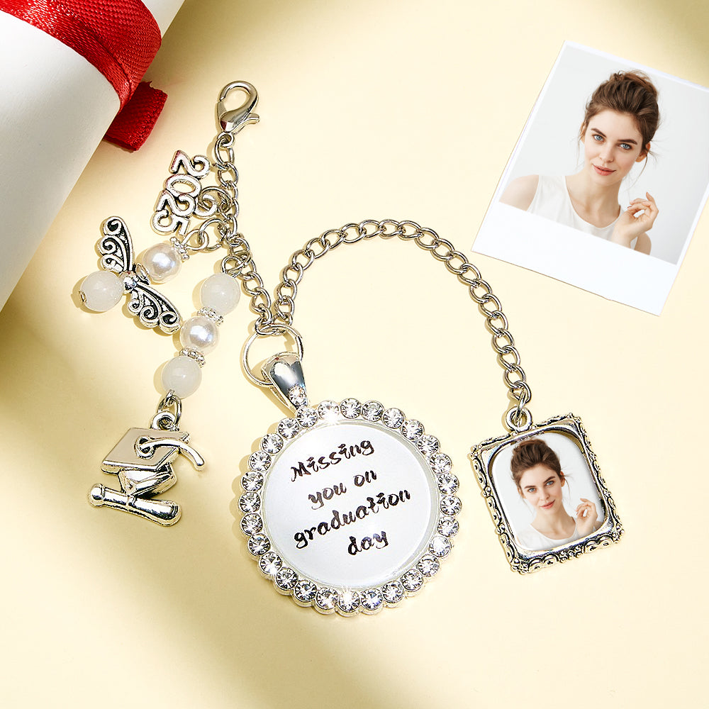 Custom Graduation Cap Tassel Memorial Photo Charm Rhinestone Personalize Missing You Pendant Silver Memory Picture Frame