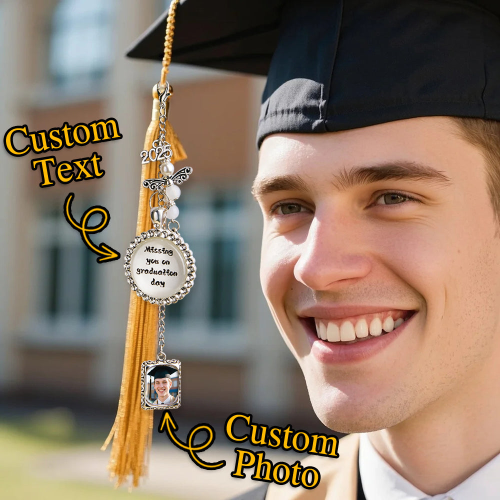Custom Graduation Cap Tassel Memorial Photo Charm Rhinestone Personalize Missing You Pendant Silver Memory Picture Frame