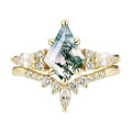 Moss Agate Engagement Ring Set Kite Cut Natural Moss Agate Bridal Ring Set Rose Gold Curved Stacking Wedding Band 2-Piece Vintage Jewelry Set for Women