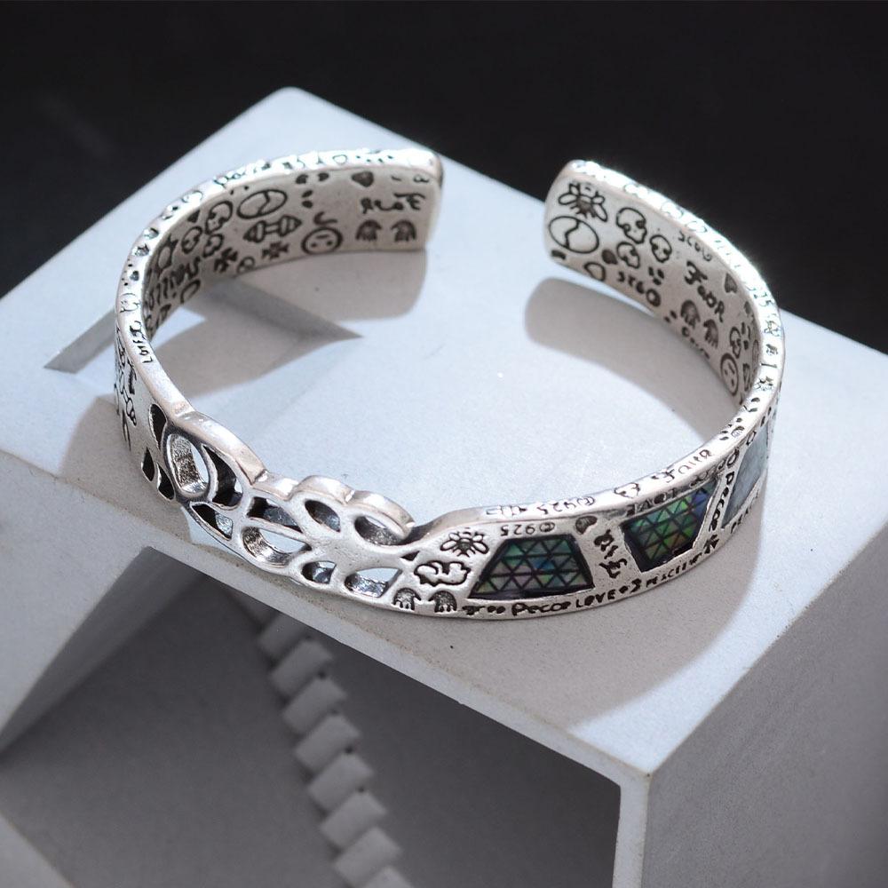 Vintage Geometric Graffiti Totem Open Cuff Bangle Retro Silver Tone Carved Cuff Bracelet Unisex Ethnic Tribal Streetwear Jewelry for Women & Men