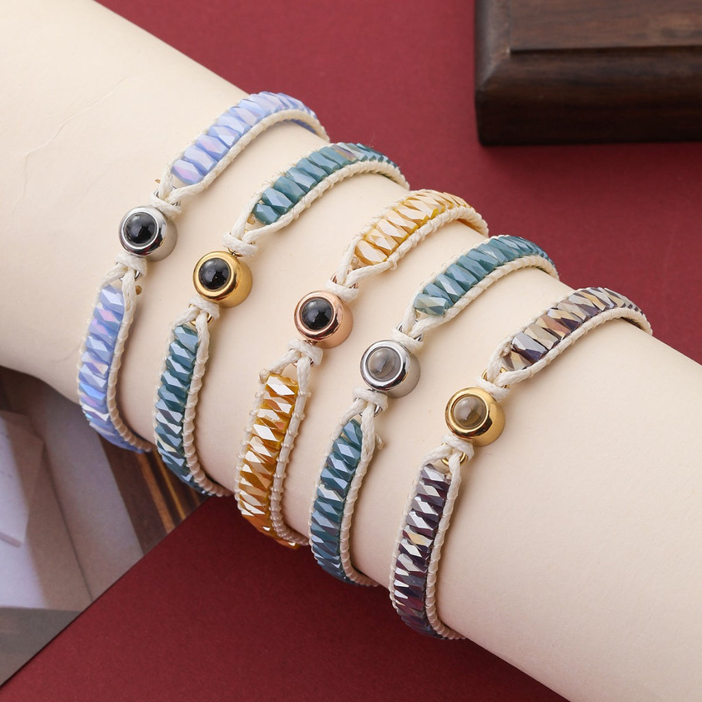 Personalized Photo Bracelet Sparkling Crystal Beads Adjustable Braided Cord Custom Gift