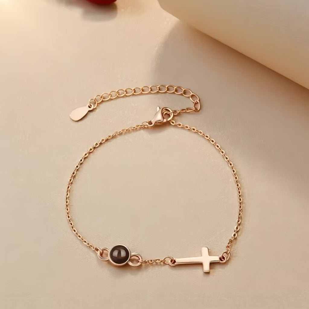 Personalized Photo Projection Bracelet with Cross, Custom Religious Jewelry, Christian Memorial Gift for Her