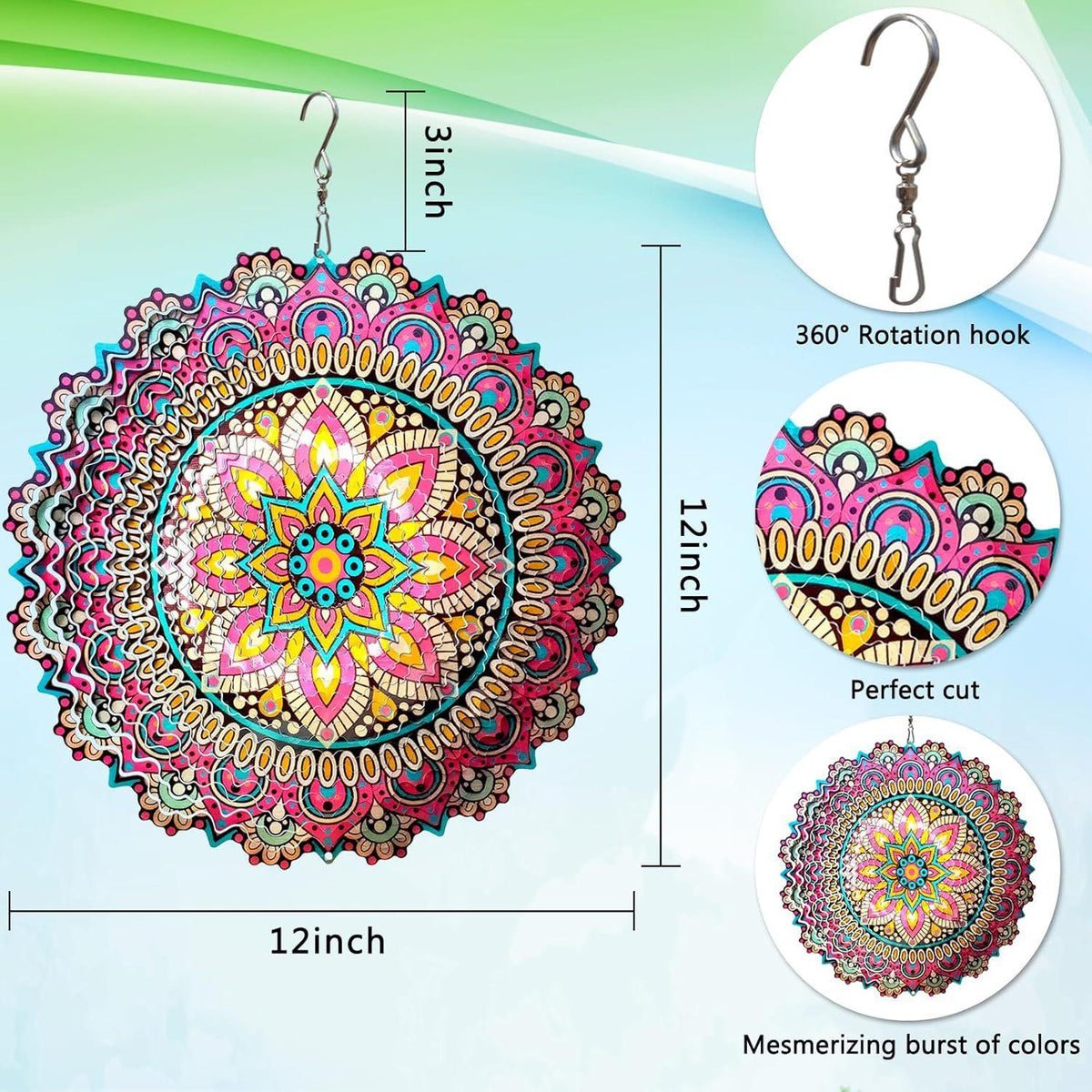 3D Mandala Metal Wind Spinner Colorful Hanging Kinetic Wind Sculpture Stainless Steel Garden Ornament Kinetic Wind Chime for Outdoor Yard Lawn Patio Decor