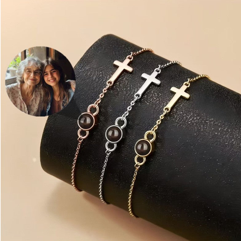 Personalized Photo Projection Bracelet with Cross, Custom Religious Jewelry, Christian Memorial Gift for Her