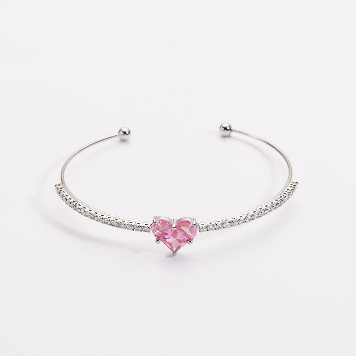 Sparkling Heart Cubic Zirconia Bangle Bracelet Platinum Plated Heart CZ Open Cuff Bracelet Luxury Elegant Crystal Bangle Anniversary Jewelry Gift for Women
