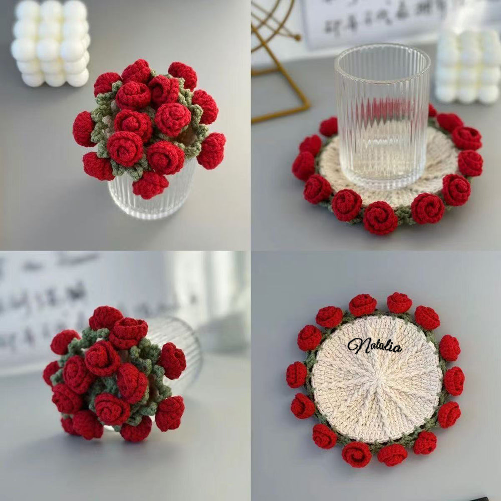 Customized Name Coaster Creative Gift Bouquet Crocheted Cup Finished Rose Bouquet Handmade Hand-Held Flower Woven Coaster